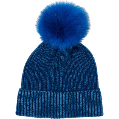 Amicale Two-tone Rib Knit Beanie With Genuine Shearling Pom In Navy/bright Blue