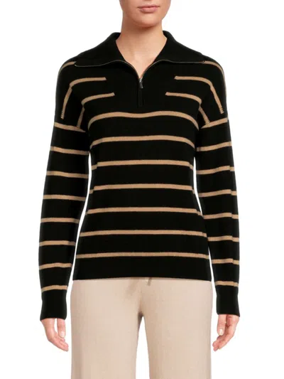 Amicale Women's Striped Cashmere Quarter Zip Sweater In Black
