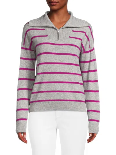 Amicale Women's Striped Cashmere Quarter Zip Sweater In Grey