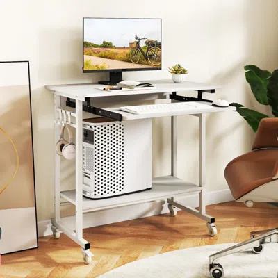 Amidey Rolling Laptop Table With Pull-out Keyboard Tray And Hooks In White