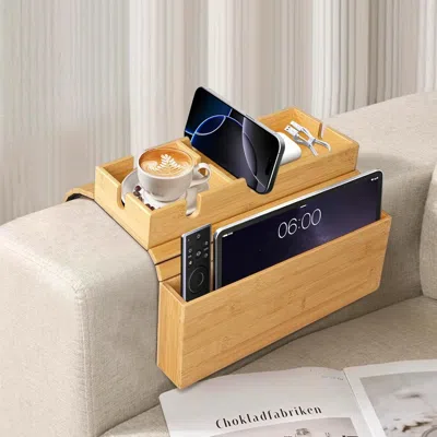 Amidey Sofa Arm Tray Bamboo With Side Storage Pocket Couch Arm Table Cup Holder Absorbent Pad Foldable Port In Neutral