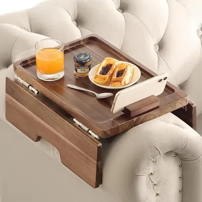 Amidey Sofa Armrest Tray, Arm Table Sofa Arm Tray With Robust Large Grip Arm, Double Large Ss304 Hinges & 3 In Brown
