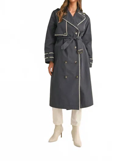 Amie & Co Georgia Lace Trim Trench Coat In Navy With Ivory Lace Trim In Grey