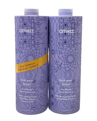 Amika Unisex 33.8oz Bust Your Brass Cool Blonde Repair Shampoo & Conditioner Duo In White