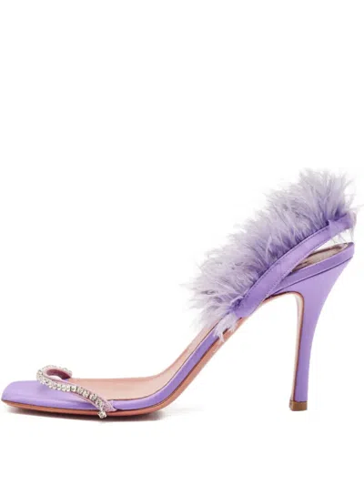 Pre-owned Amina Muaddi 100mm Adwoa Feather-trim Sandals In Purple