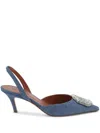 Amina Muaddi Camelia Crystal-embellished Denim-effect Satin Slingback Pumps In Blue