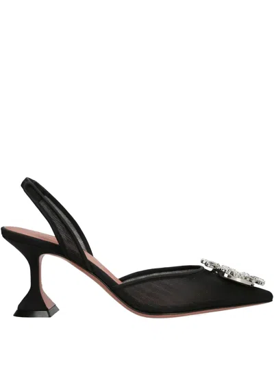 Amina Muaddi Pointed Toe Embellished Heel Sandals In Black