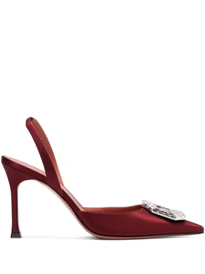 Amina Muaddi Camelia Crystal Buckle Slingback Pump In Satin Wine White Buckle