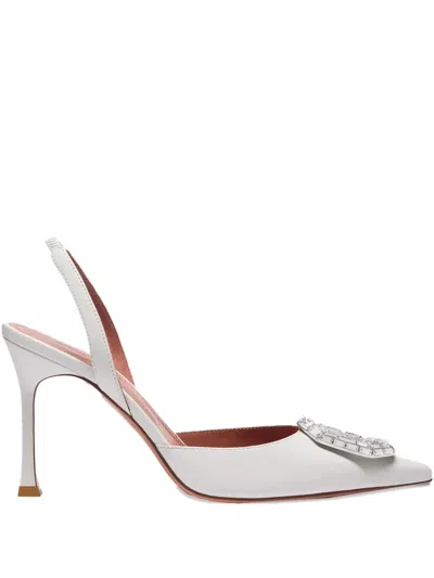 Amina Muaddi Rosie Leather Crystal Bow Slingback Pumps In White