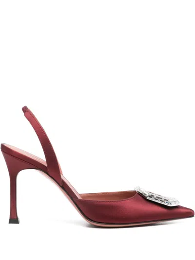 Amina Muaddi Camelia Crystal Buckle Slingback Pump In Satin Wine White Buckle