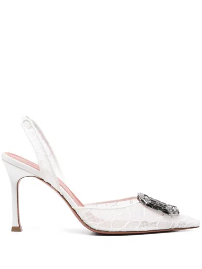Amina Muaddi Camelia Crystal-embellished Lace Slingback Pumps In White