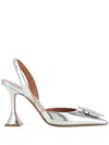 Amina Muaddi Rosie Sling 95 Dark Grey Mirror Patent Pumps In Silver