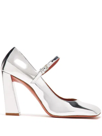 Amina Muaddi Silver Charlotte Mary Jane Heels In Gray