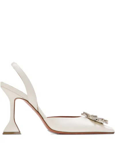 Amina Muaddi Rosie Leather Crystal Bow Slingback Pumps In White