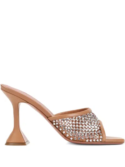 Amina Muaddi Tan Lupita Crystal Net Slipper Heeled Sandals In Brown