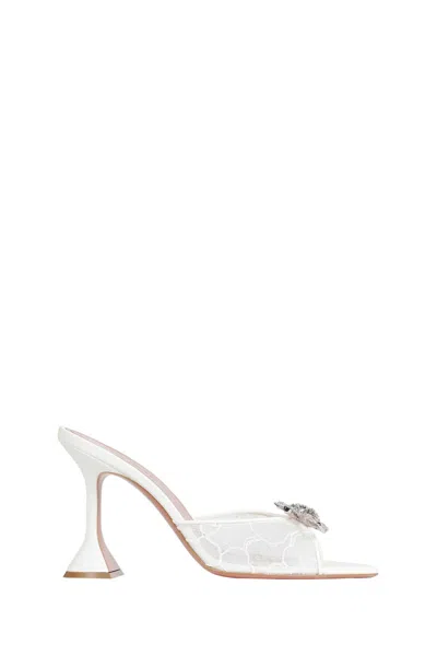 Amina Muaddi 95mm Signature Heel With Embellished Bow Accessory In Bianco