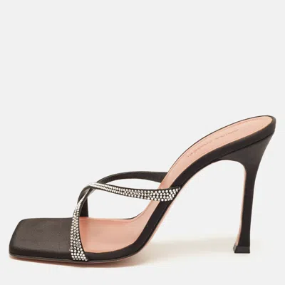 Pre-owned Amina Muaddi Adriana Size 38.5 Black Satin Crystal Embellished Crisscross Slide Sandals
