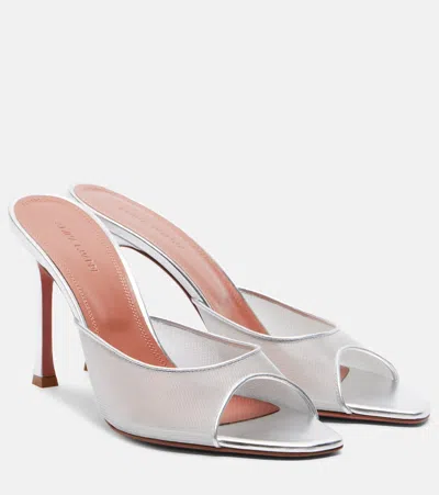 Amina Muaddi Alexa Leather-trimmed Mesh Mules In Silver