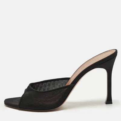Pre-owned Amina Muaddi Alexa Size 38 Black Mesh And Satin Slide Sandals