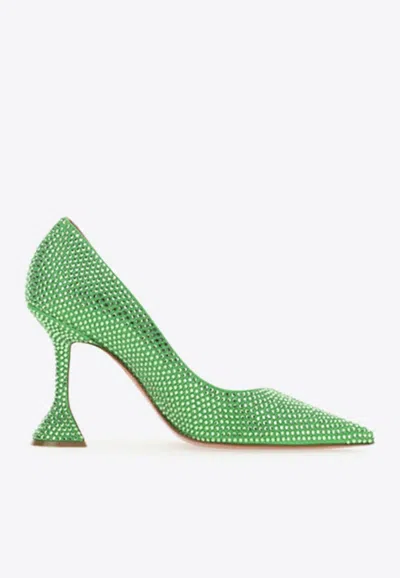 Amina Muaddi Crystal Embellished Pointed Toe Stiletto Pump In Green