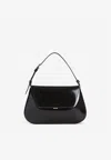 Amina Muaddi Leather Handbag With Curved Base And Reptile Motif Embossing In Black