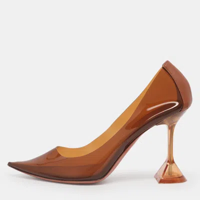 Pre-owned Amina Muaddi Ami Size 38.5 Brown Pvc And Leather Pointed Toe Pumps