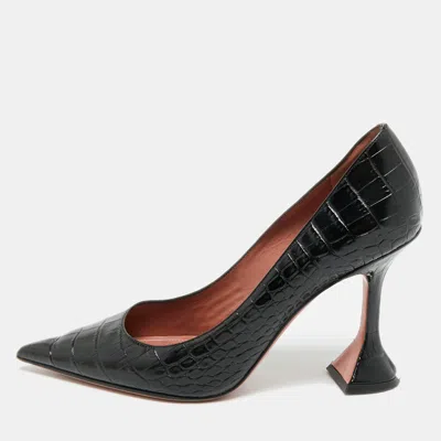 Pre-owned Amina Muaddi Ami Size 39.5 Black Croc Embossed Leather Pumps