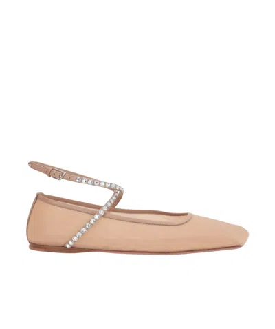 Amina Muaddi Crystals Ane Mesh Ballet Flats In Neutral