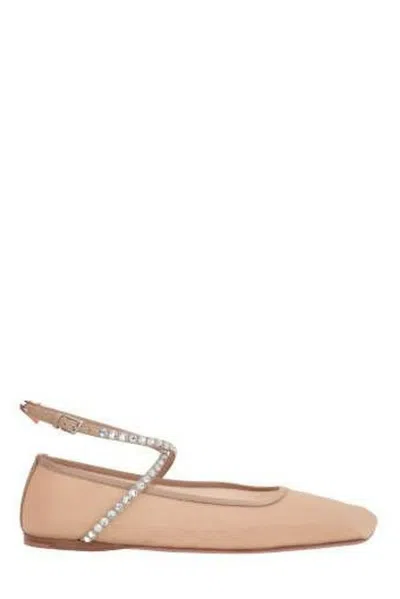 Amina Muaddi Ane Mesh Crystal Ankle-strap Ballerina Flats In Pink