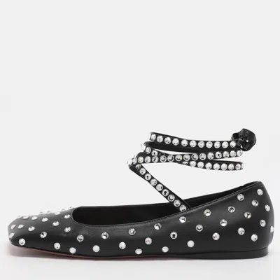 Pre-owned Amina Muaddi Ane Size 36.5 Black Leather Crystal Embellished Ankle Wrap Ballet Flats