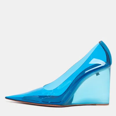 Pre-owned Amina Muaddi Ane Size 39 Blue Leather And Pvc Wedge Pumps