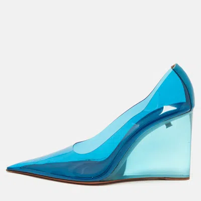 Pre-owned Amina Muaddi Ane Size 39 Blue Leather And Pvc Wedge Pumps
