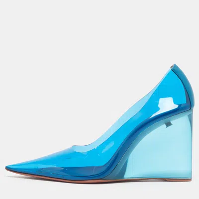 Pre-owned Amina Muaddi Ane Size 39 Blue Leather And Pvc Wedge Pumps