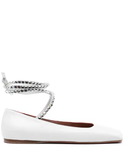 Amina Muaddi Ane Embellished Leather Ankle-wrap Ballerina Flats In White