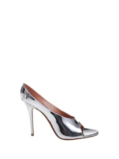 Amina Muaddi Silver Leather Anok 105 Mules In Burgundy