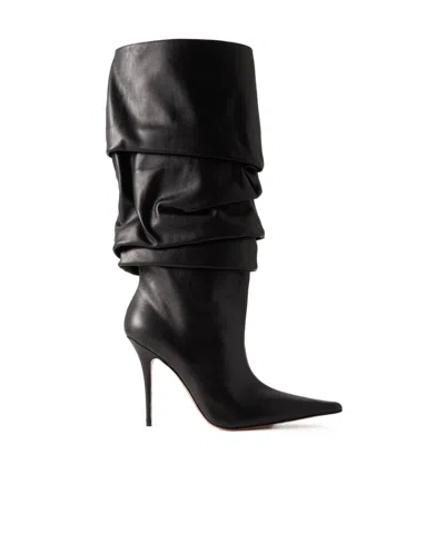 Amina Muaddi Anok Gathered Leather Knee Boots In Black