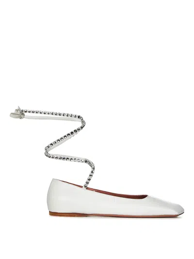 Amina Muaddi Ane Embellished Leather Ankle-wrap Ballerina Flats In White