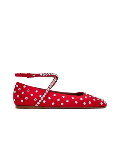 Amina Muaddi Red Ane Crystal Lace Up Ballerina Flats