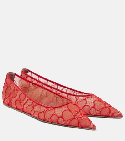 Amina Muaddi Barbara Lace Ballet Flats In Red