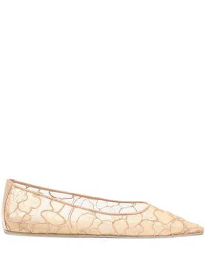 Amina Muaddi Barbara Lace Pointed-toe Ballet Flats In Neutral