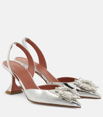 Amina Muaddi Rosie Sling 95 Dark Grey Mirror Patent Pumps In Silver