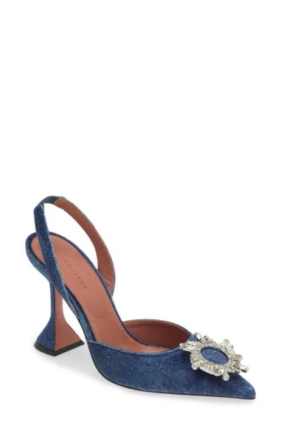 Amina Muaddi Begum Crystal Pointed Toe Slingback Pump In Velvet Denim White Crystals