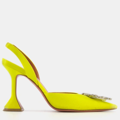 Pre-owned Amina Muaddi Begum Crystal Yellow Pumps In Satin Size Eu 37.5