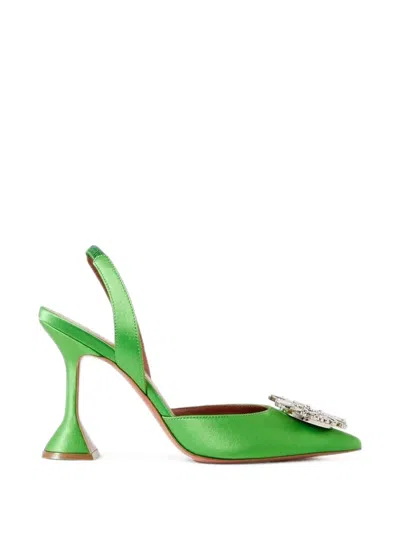 Amina Muaddi Begum Swarovski Crystal-embellished Satin Slingback Pumps In Green