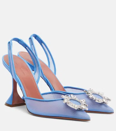 Amina Muaddi Begum Leather-trimmed Crystal-embellished Mesh Slingback Pumps In Blue