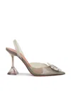 Amina Muaddi Lily Crystal Flower Denim Slide Sandals In Milky Grey & White