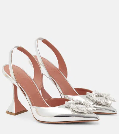 Amina Muaddi Rosie Sling 95 Dark Grey Mirror Patent Pumps In Silver