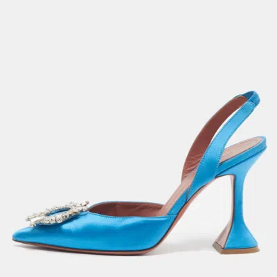 Pre-owned Amina Muaddi Begum Size 36.5 Blue Satin Slingback Pumps