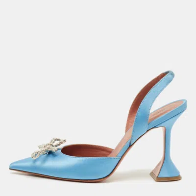 Pre-owned Amina Muaddi Begum Size 38 Blue Satin Slingback Pumps