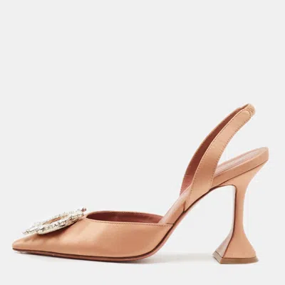 Pre-owned Amina Muaddi Begum Size 38 Gold Satin Slingback Pumps